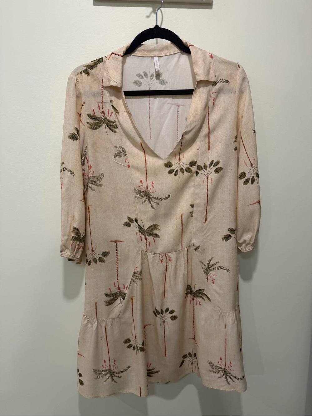 Lez a Lez Women’s Cream Mini Dress with Olive Palm Print - Like New - Size S